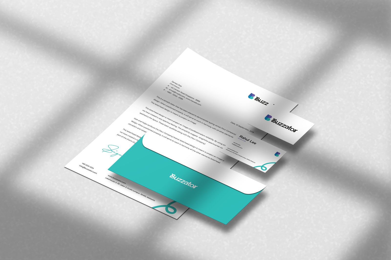 Buzzator stationery: letterhead, envelope, business cards
